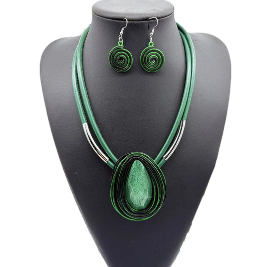 Large green and black necklace earring set