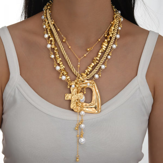 Layered 18k gold & faux pearl necklace