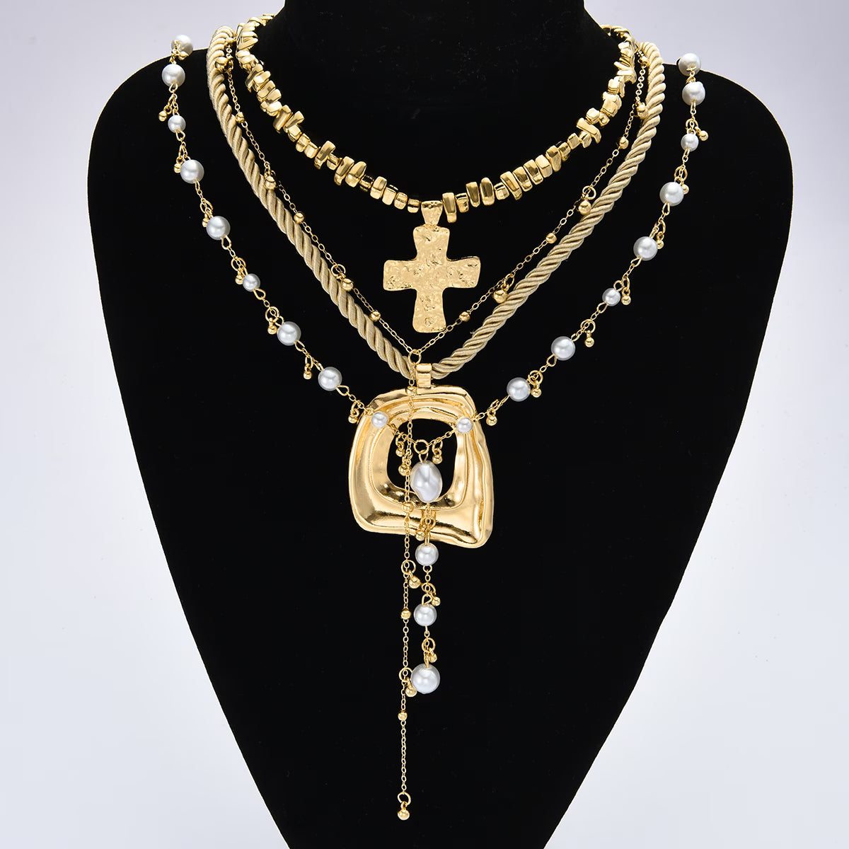 Layered 18k gold & faux pearl necklace