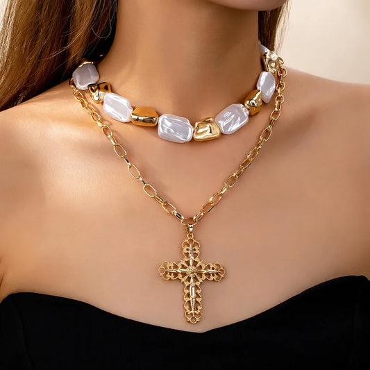 Layered Freshwater Pearls & Golden Cross